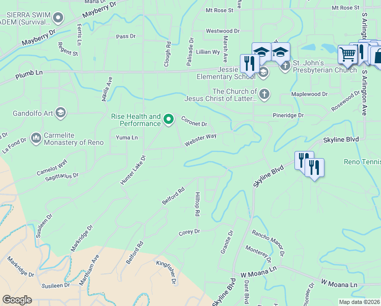 map of restaurants, bars, coffee shops, grocery stores, and more near 2390 Barnes Circle in Reno