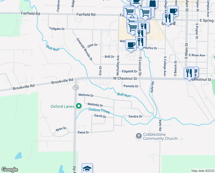 map of restaurants, bars, coffee shops, grocery stores, and more near 121 Charleston Dr in Oxford