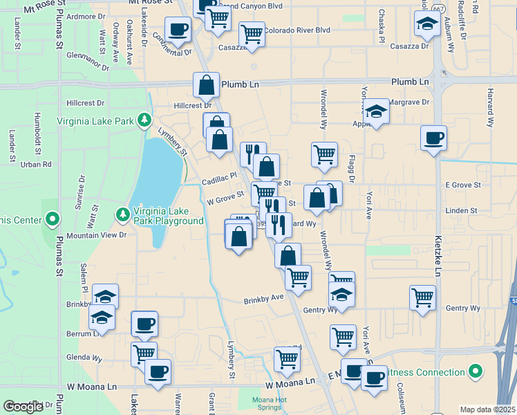 map of restaurants, bars, coffee shops, grocery stores, and more near 3 Linden Street in Reno