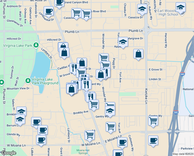 map of restaurants, bars, coffee shops, grocery stores, and more near 160 Linden Street in Reno