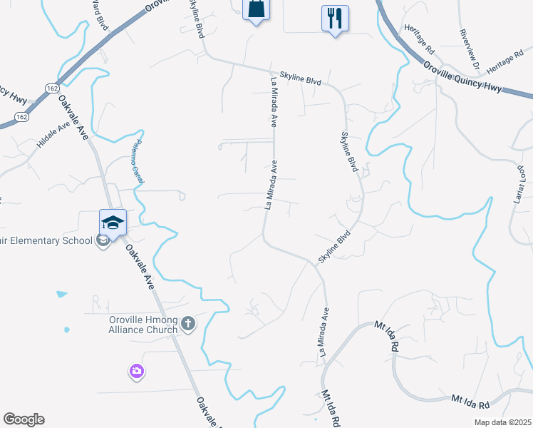 map of restaurants, bars, coffee shops, grocery stores, and more near La Mirada Avenue in Oroville East