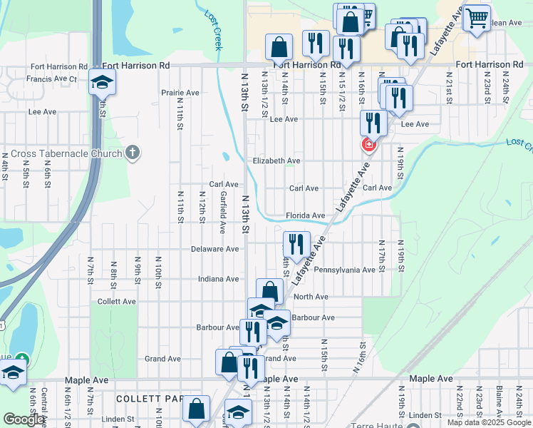 map of restaurants, bars, coffee shops, grocery stores, and more near Florida Avenue in Terre Haute