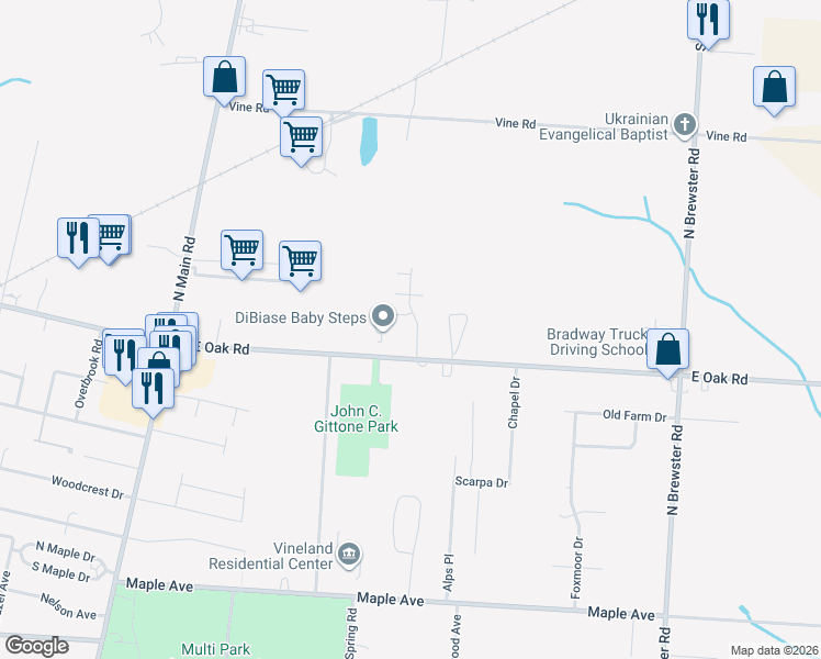 map of restaurants, bars, coffee shops, grocery stores, and more near 2102 East Oak Road in Vineland