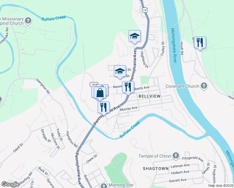 map of restaurants, bars, coffee shops, grocery stores, and more near 151 Russell St in Fairmont