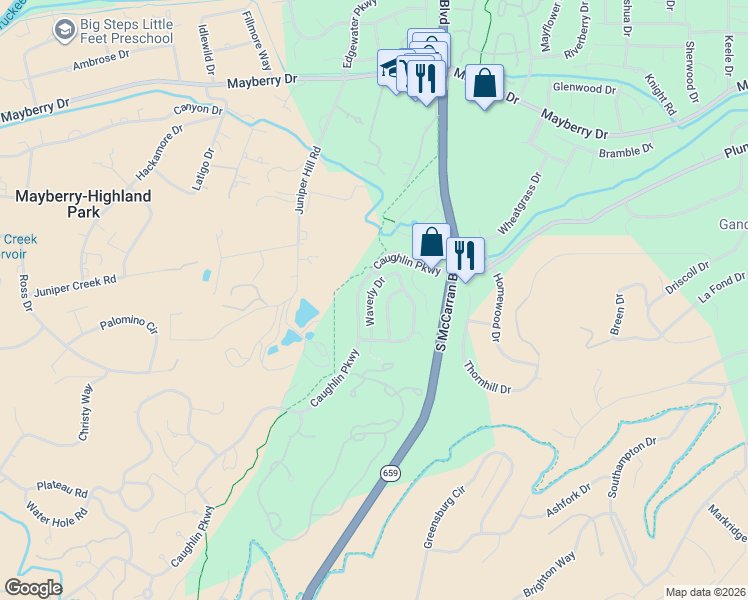 map of restaurants, bars, coffee shops, grocery stores, and more near 1115 Waverly Drive in Reno