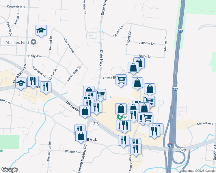 map of restaurants, bars, coffee shops, grocery stores, and more near 3851 Towne Boulevard in Middletown