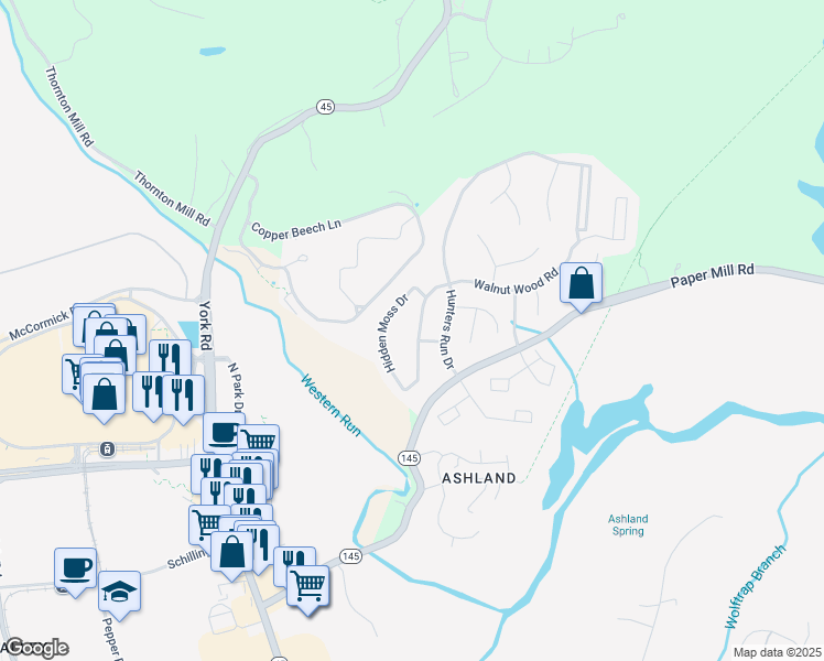 map of restaurants, bars, coffee shops, grocery stores, and more near 936 Walnut Wood Road in Cockeysville