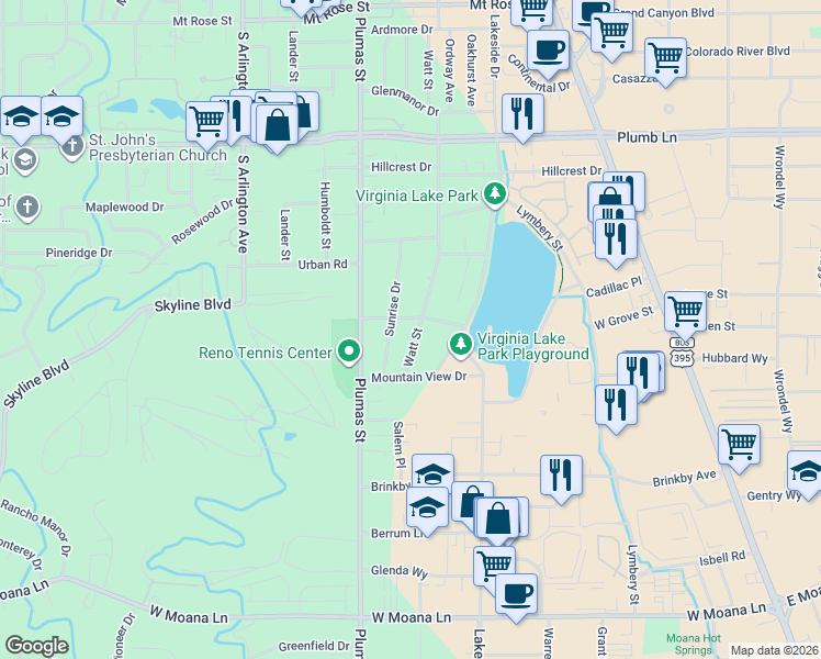 map of restaurants, bars, coffee shops, grocery stores, and more near 2330 Sunrise Drive in Reno