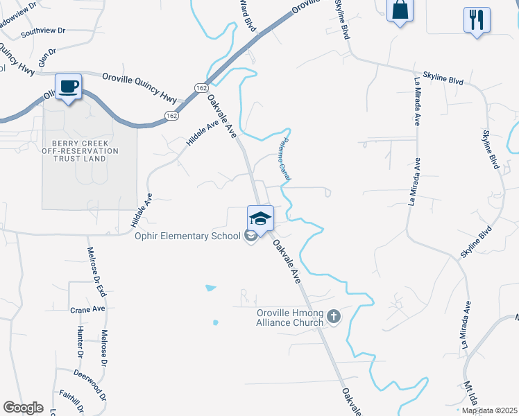 map of restaurants, bars, coffee shops, grocery stores, and more near 210 Oakvale Avenue in Oroville