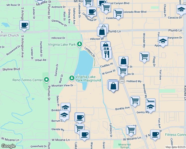 map of restaurants, bars, coffee shops, grocery stores, and more near 2490 Eastshore Place in Reno