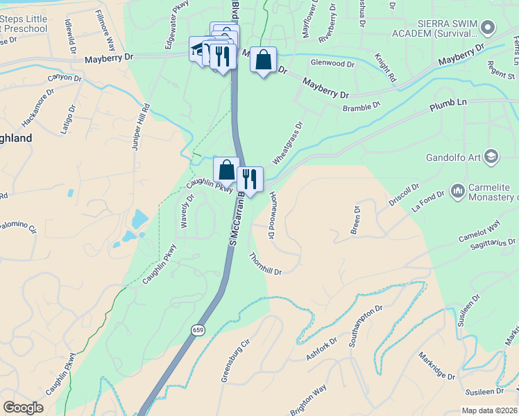 map of restaurants, bars, coffee shops, grocery stores, and more near 3435 Thornhill Court in Reno
