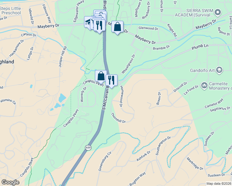 map of restaurants, bars, coffee shops, grocery stores, and more near 3435 Thornhill Court in Reno