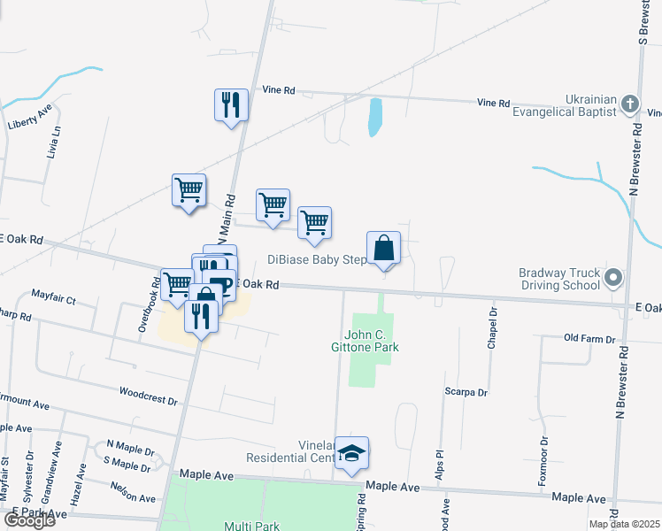 map of restaurants, bars, coffee shops, grocery stores, and more near 1890 East Oak Road in Vineland
