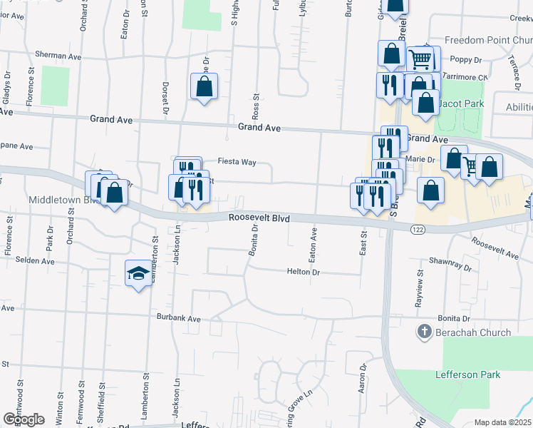 map of restaurants, bars, coffee shops, grocery stores, and more near 3931 Roosevelt Boulevard in Middletown