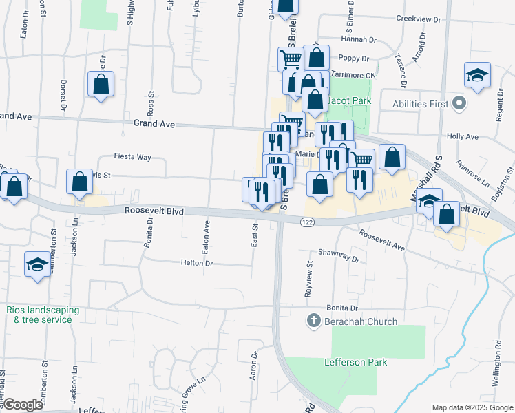 map of restaurants, bars, coffee shops, grocery stores, and more near 4237 Ohio 122 in Middletown