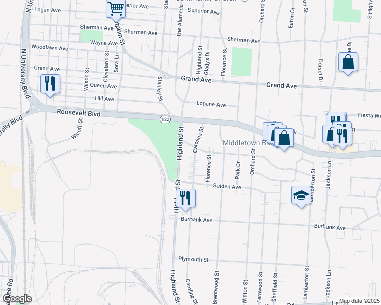 map of restaurants, bars, coffee shops, grocery stores, and more near 1404 Carolina Street in Middletown
