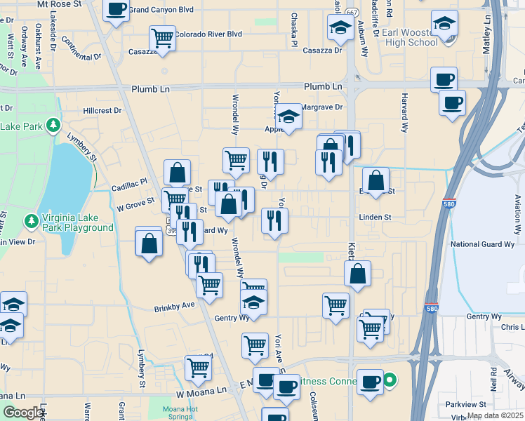 map of restaurants, bars, coffee shops, grocery stores, and more near 242 Linden Street in Reno