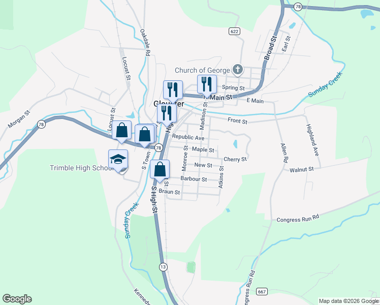 map of restaurants, bars, coffee shops, grocery stores, and more near 5 Monroe Street in Glouster