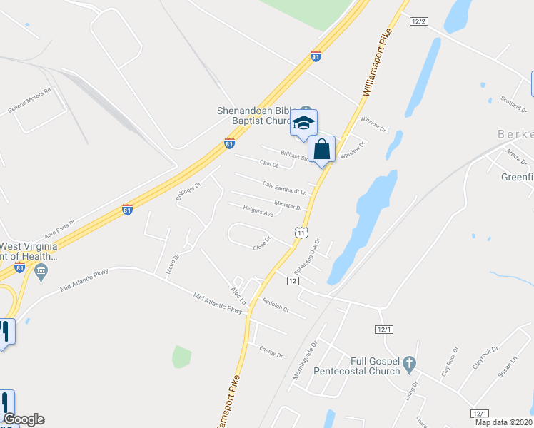 map of restaurants, bars, coffee shops, grocery stores, and more near 57 Heights Avenue in Martinsburg