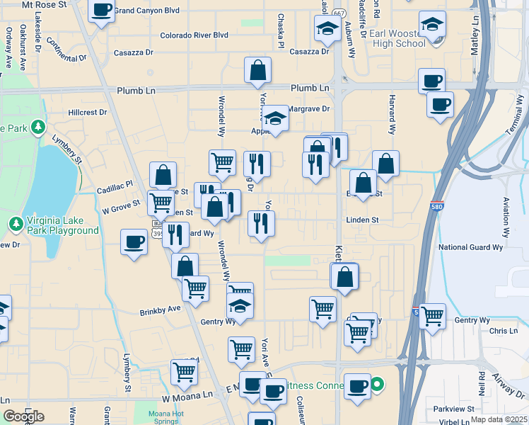 map of restaurants, bars, coffee shops, grocery stores, and more near 2595 Yori Avenue in Reno
