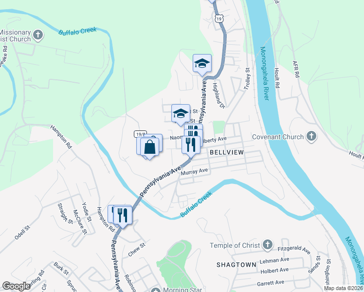 map of restaurants, bars, coffee shops, grocery stores, and more near 101-151 Russell Street in Fairmont