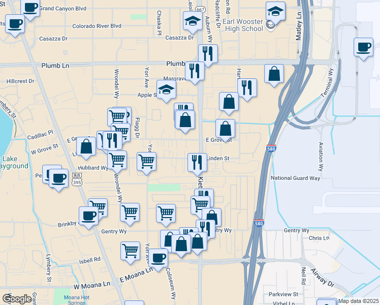 map of restaurants, bars, coffee shops, grocery stores, and more near 571 Linden Street in Reno