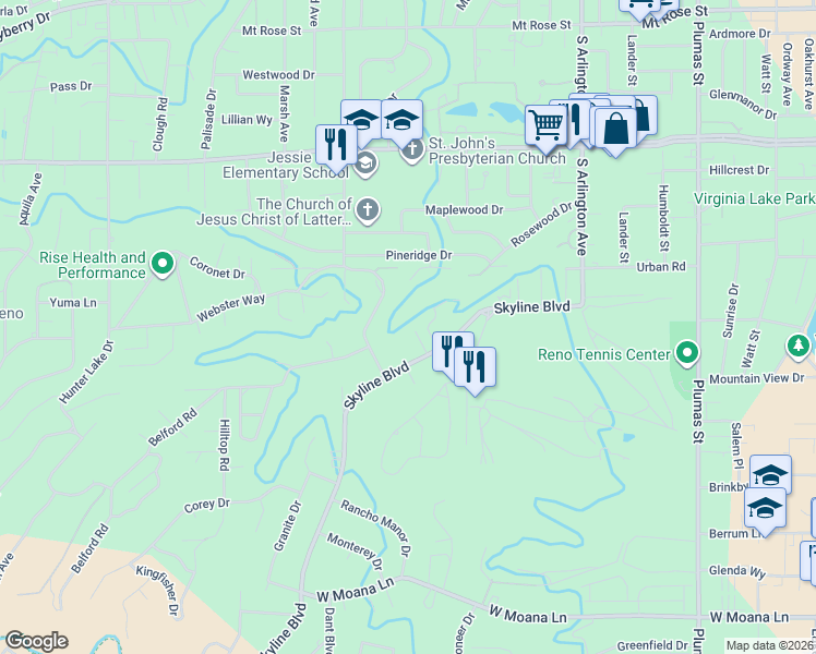 map of restaurants, bars, coffee shops, grocery stores, and more near 915 Skyline Boulevard in Reno