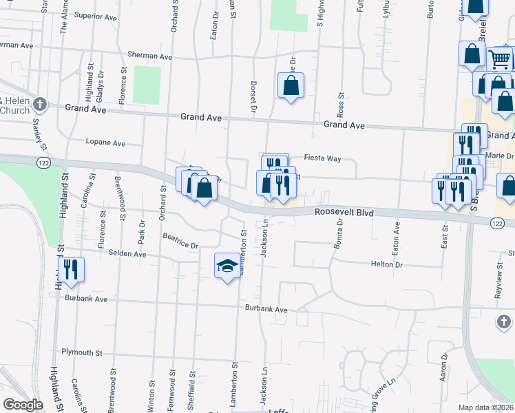 map of restaurants, bars, coffee shops, grocery stores, and more near 3328 Roosevelt Boulevard in Middletown