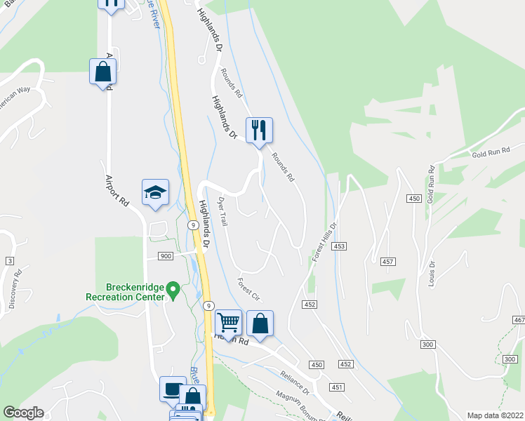 map of restaurants, bars, coffee shops, grocery stores, and more near 11 Rounds Road in Breckenridge
