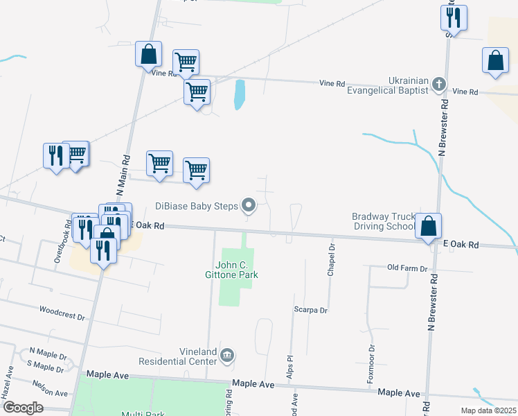 map of restaurants, bars, coffee shops, grocery stores, and more near 2076 East Oak Road in Vineland
