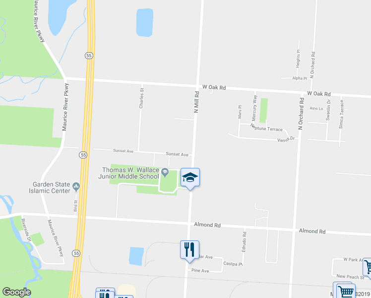 map of restaurants, bars, coffee shops, grocery stores, and more near 1938 Sunset Avenue in Vineland