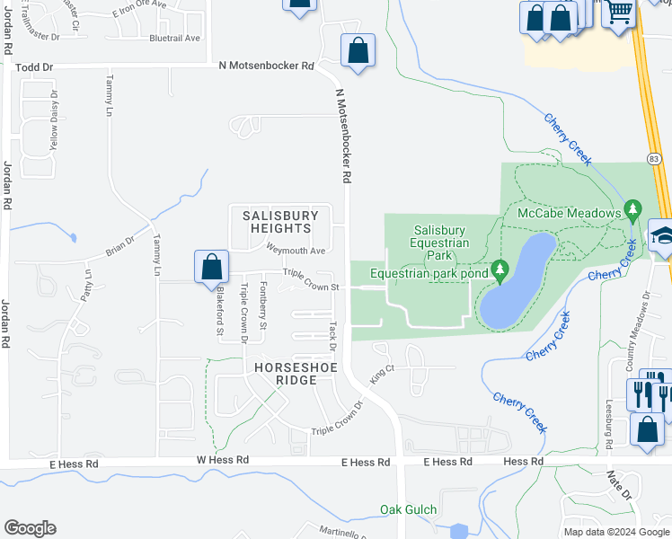 map of restaurants, bars, coffee shops, grocery stores, and more near 18263 Keswick Court in Parker