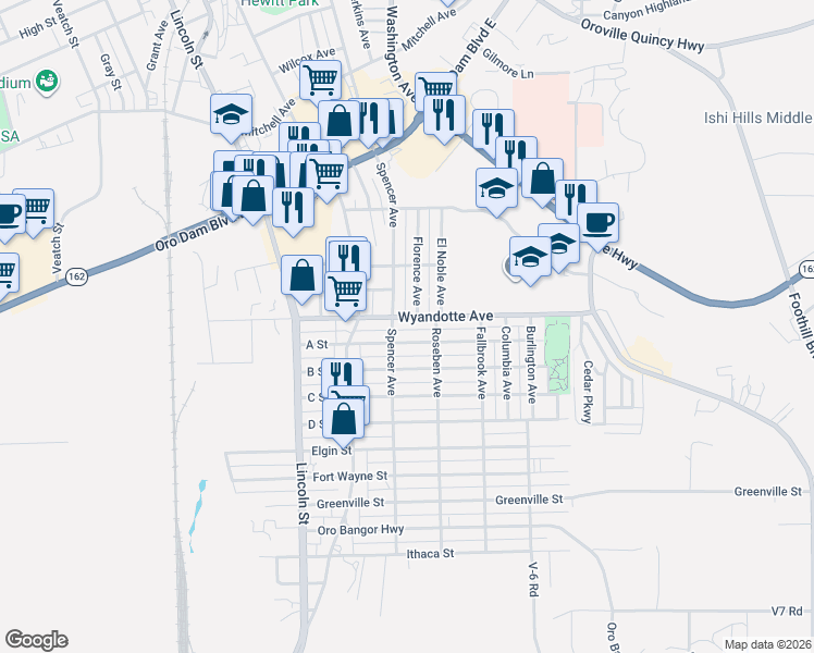 map of restaurants, bars, coffee shops, grocery stores, and more near 2255 Wyandotte Avenue in Oroville
