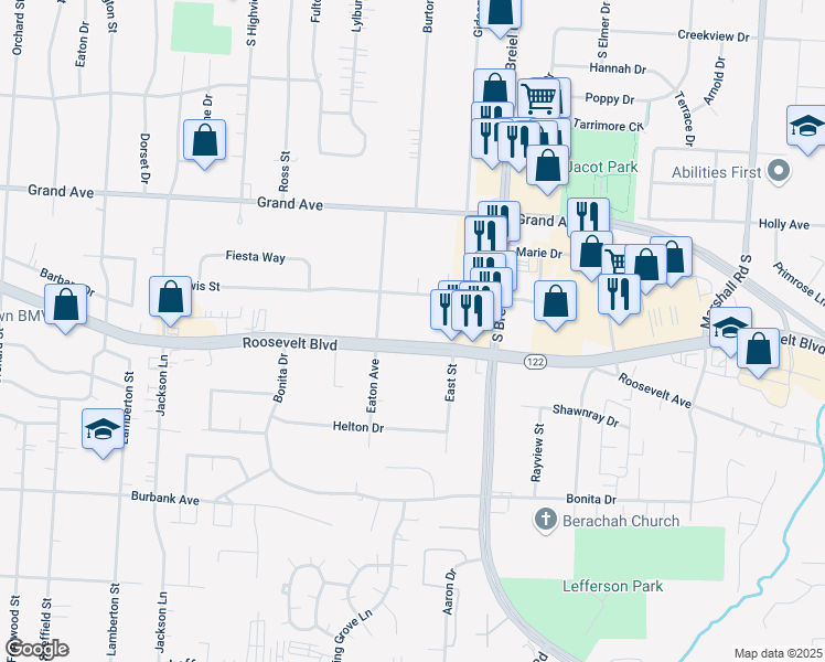 map of restaurants, bars, coffee shops, grocery stores, and more near 4202 Roosevelt Boulevard in Middletown