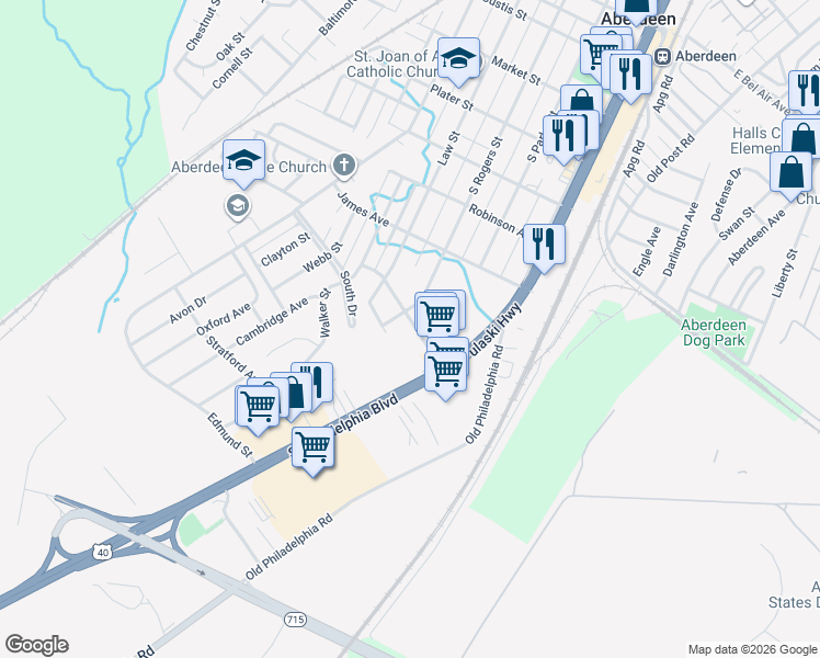 map of restaurants, bars, coffee shops, grocery stores, and more near 117 Carol Avenue in Aberdeen