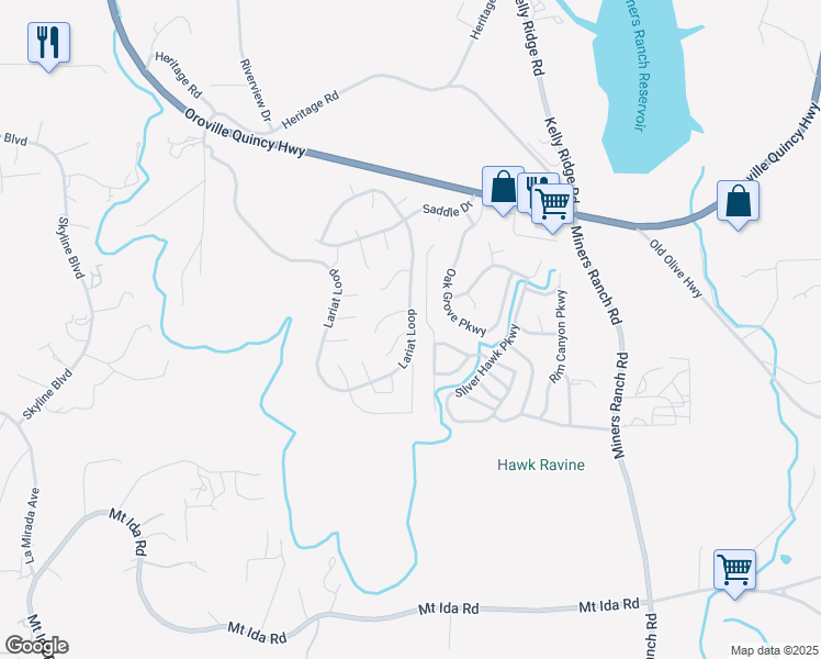 map of restaurants, bars, coffee shops, grocery stores, and more near 229 Lariat Loop in Oroville