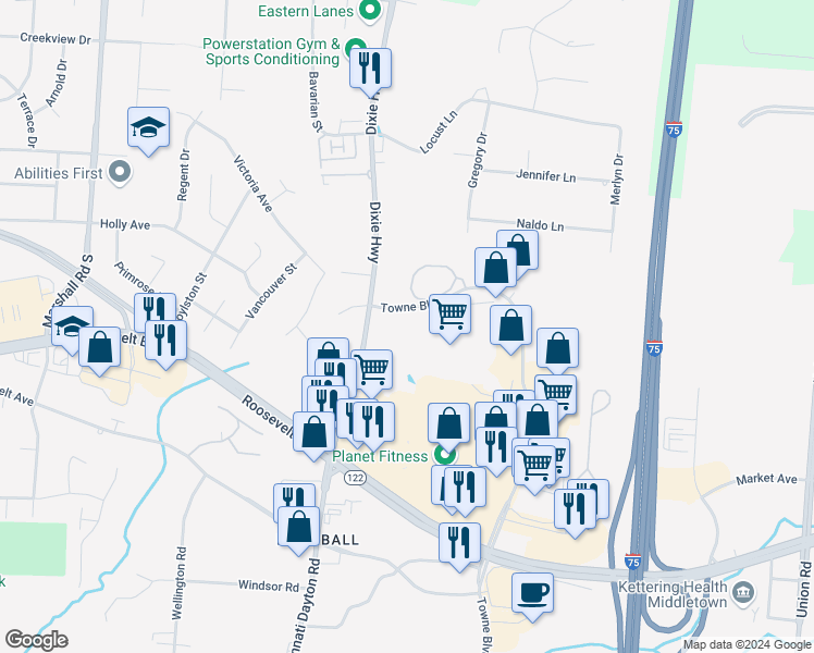 map of restaurants, bars, coffee shops, grocery stores, and more near 3851 Towne Boulevard in Middletown