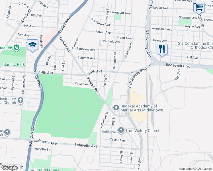 map of restaurants, bars, coffee shops, grocery stores, and more near 1423 Young Street in Middletown