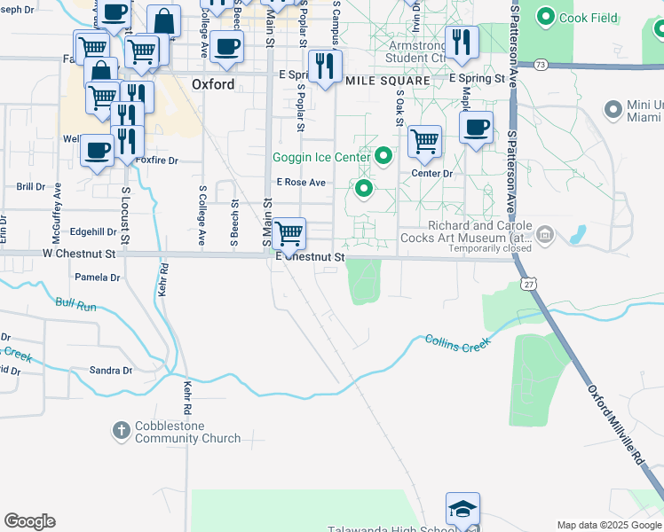 map of restaurants, bars, coffee shops, grocery stores, and more near 909 Arrowhead Drive in Oxford