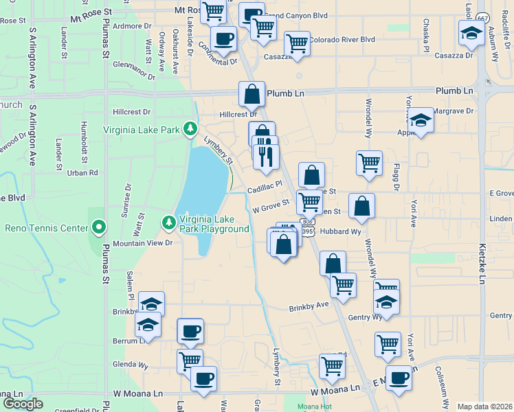 map of restaurants, bars, coffee shops, grocery stores, and more near 2450 Lymbery Street in Reno