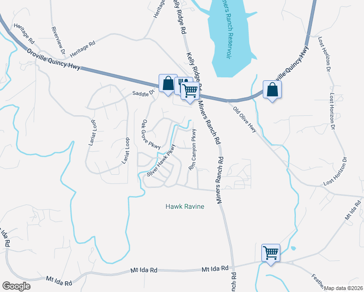 map of restaurants, bars, coffee shops, grocery stores, and more near 324 Ridgecrest Parkway in Oroville
