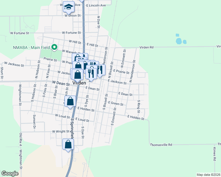 map of restaurants, bars, coffee shops, grocery stores, and more near 402 East Jackson Street in Virden
