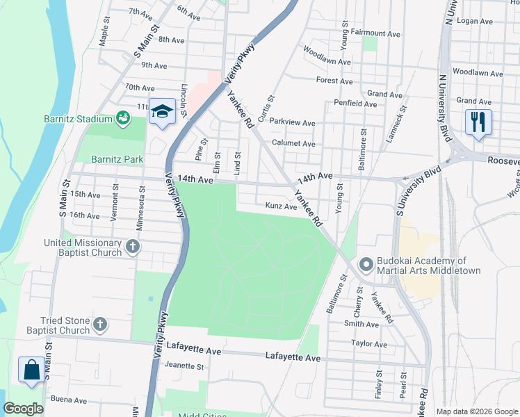 map of restaurants, bars, coffee shops, grocery stores, and more near 1104 Kunz Avenue in Middletown
