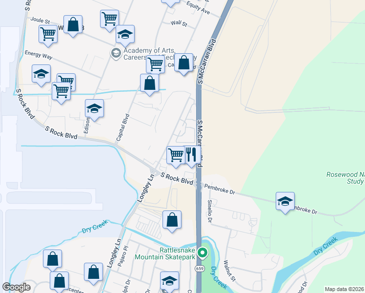 map of restaurants, bars, coffee shops, grocery stores, and more near 2050 Longley Lane in Reno