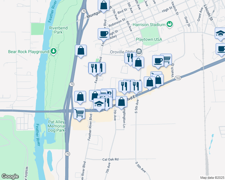 map of restaurants, bars, coffee shops, grocery stores, and more near 80 Willow Drive in Oroville