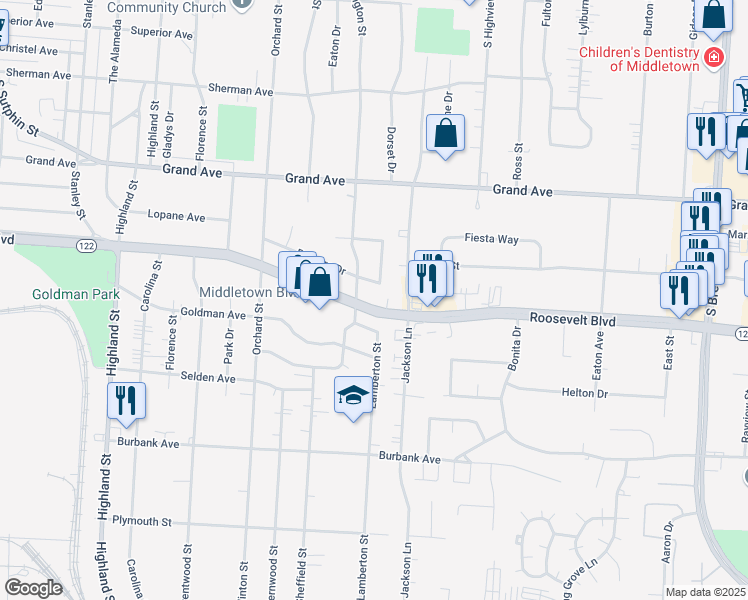 map of restaurants, bars, coffee shops, grocery stores, and more near 3303 Barbara Drive in Middletown