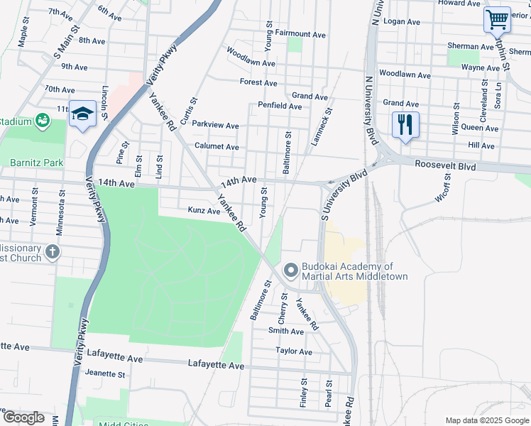 map of restaurants, bars, coffee shops, grocery stores, and more near 1315 Young Street in Middletown