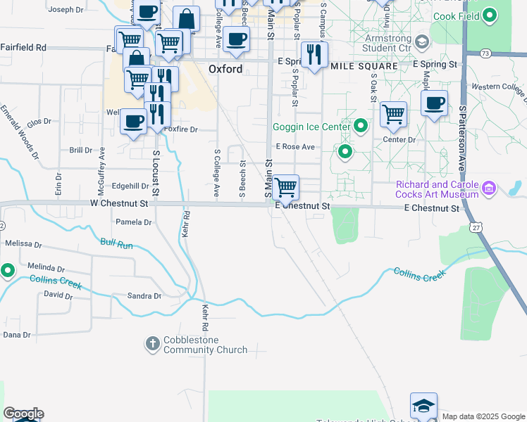 map of restaurants, bars, coffee shops, grocery stores, and more near 821 South Main Street in Oxford