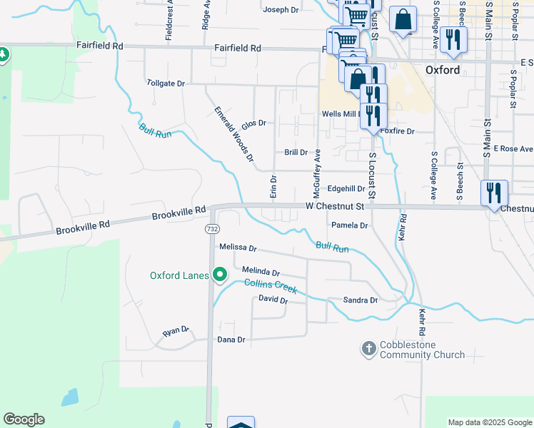 map of restaurants, bars, coffee shops, grocery stores, and more near 706 West Chestnut Street in Oxford