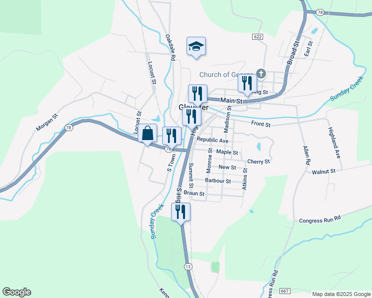 map of restaurants, bars, coffee shops, grocery stores, and more near 2 Republic Avenue in Glouster